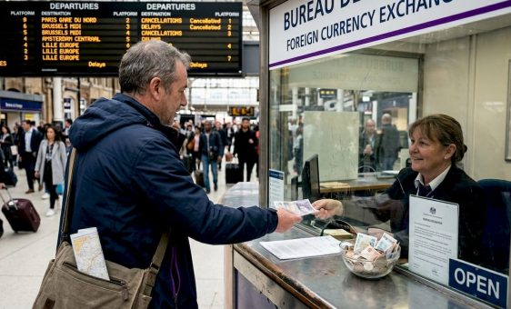 Traveller exchanging pounds at train station counter