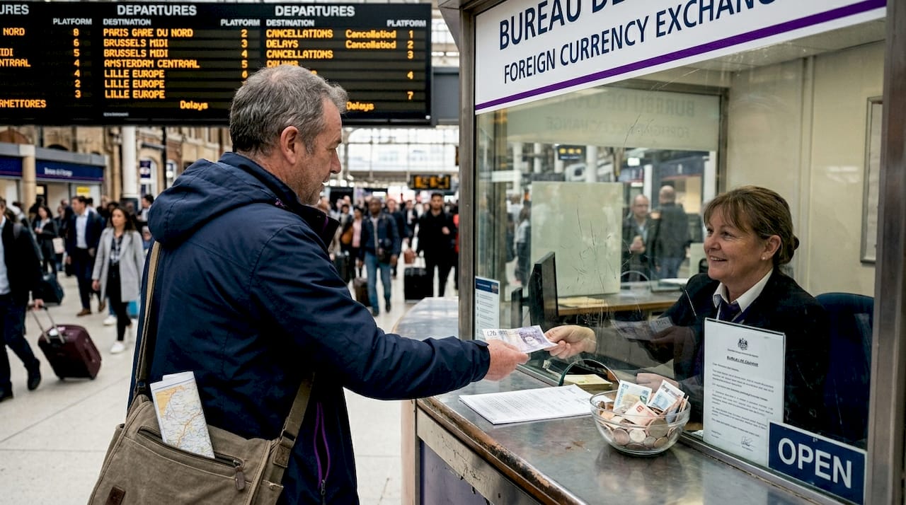 Traveller exchanging pounds at train station counter