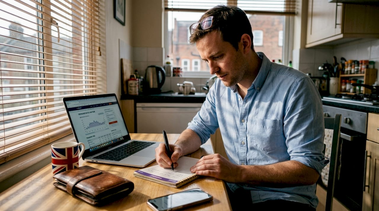 UK traveller comparing exchange rates at home