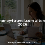 Woman comparing travel money sites at home