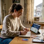 Woman comparing holiday money options at kitchen table