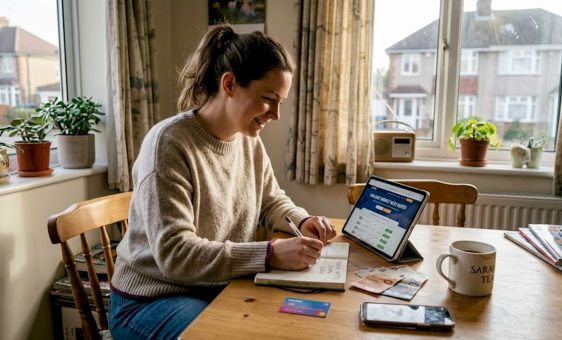Woman comparing holiday money options at kitchen table