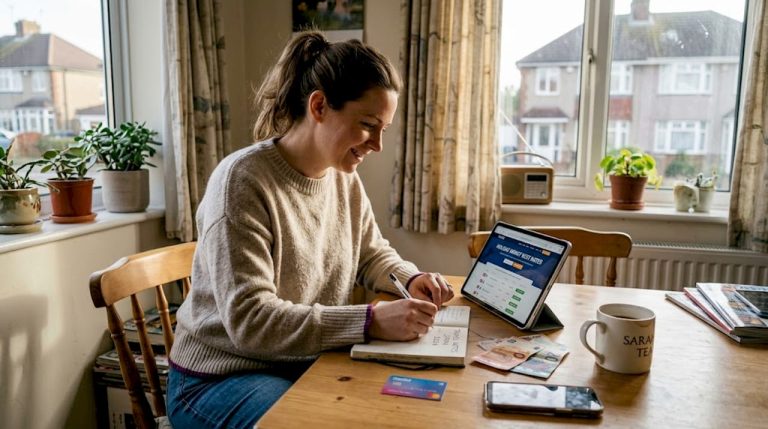 Woman comparing holiday money options at kitchen table