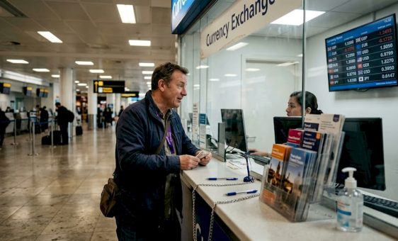 Traveller at airport currency exchange counter