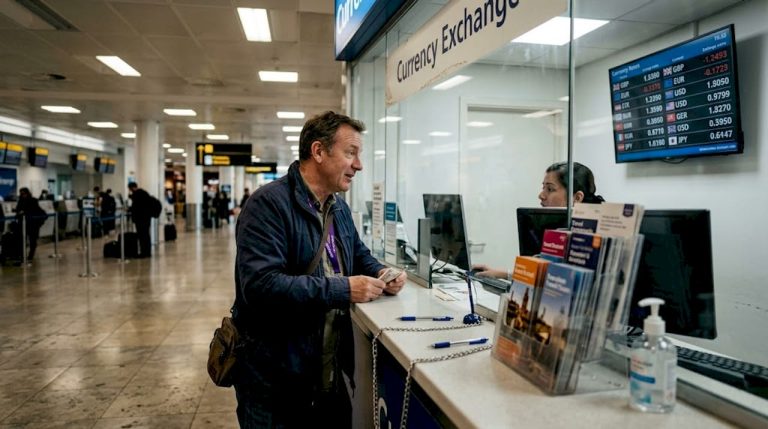 Traveller at airport currency exchange counter