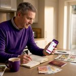 Man preparing currency for travel in kitchen