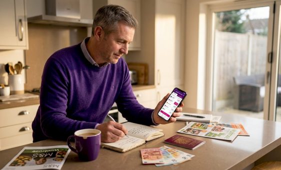 Man preparing currency for travel in kitchen
