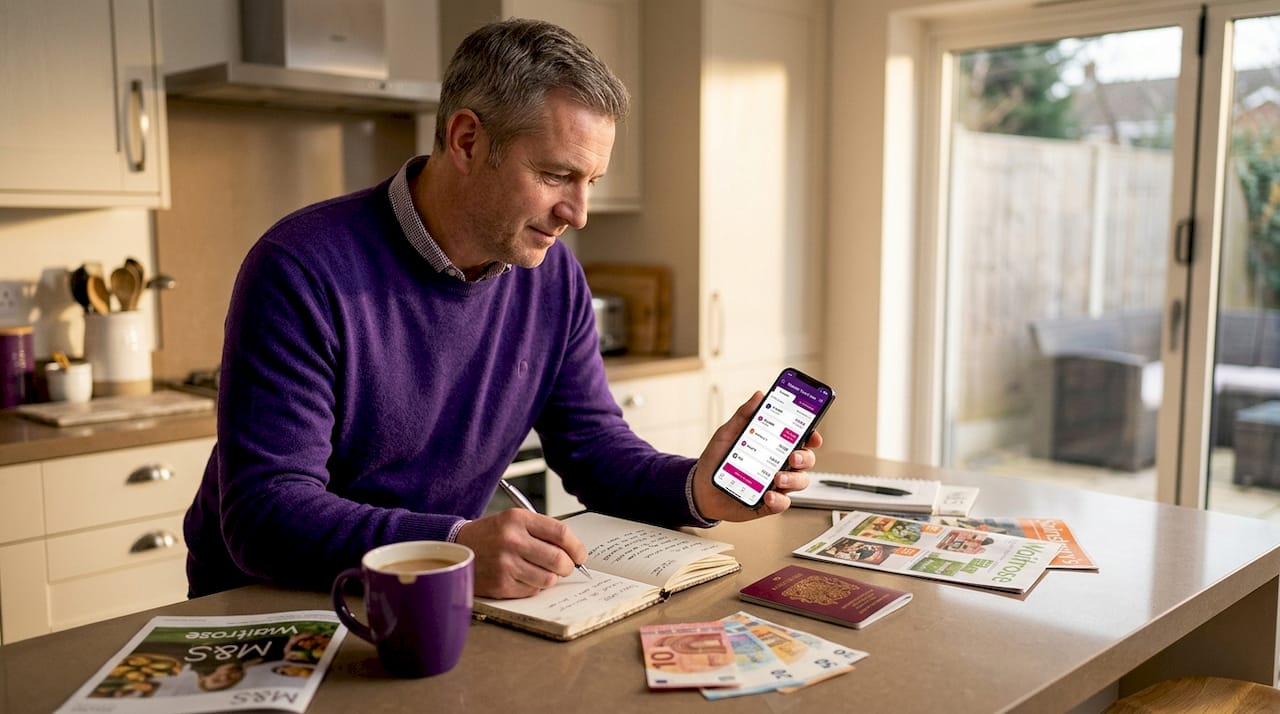 Man preparing currency for travel in kitchen