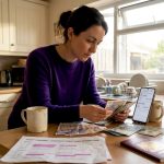 Woman sorting travel money at home kitchen counter