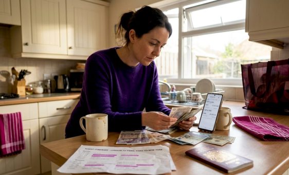 Woman sorting travel money at home kitchen counter