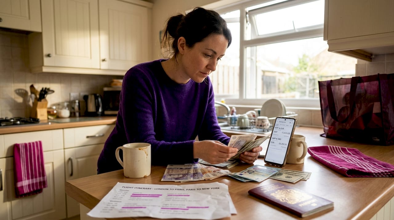 Woman sorting travel money at home kitchen counter