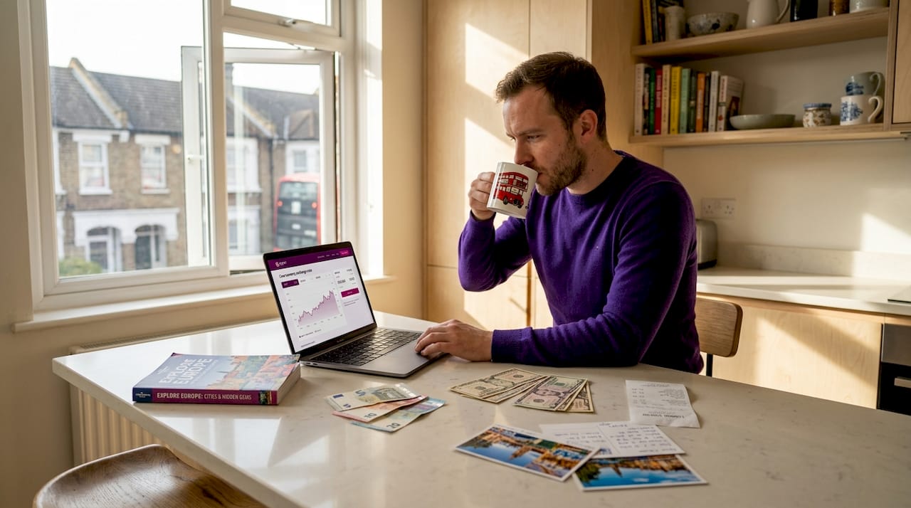 UK traveler compares rates at home kitchen