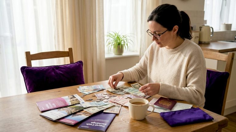 Woman sorting foreign currency at home table