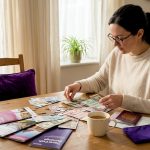 Woman sorting foreign currency at home table
