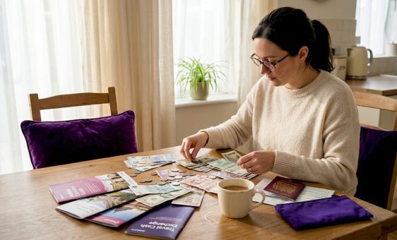 Woman sorting foreign currency at home table