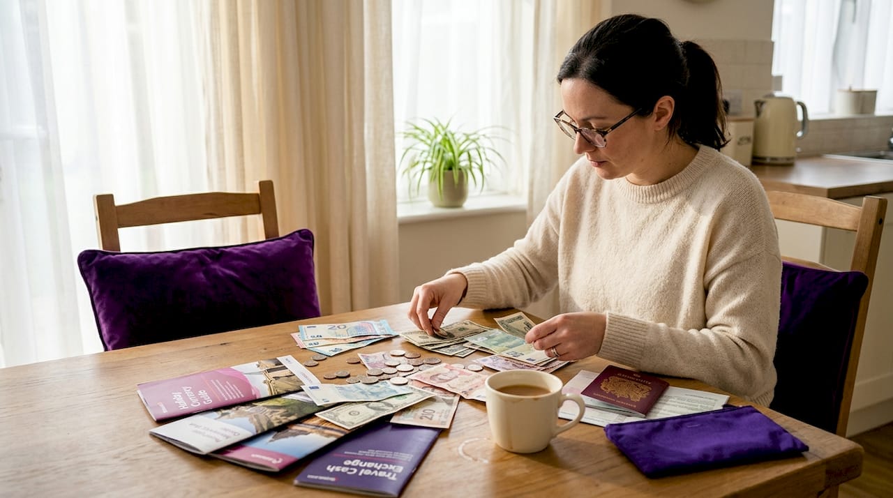 Woman sorting foreign currency at home table