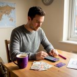 Man picking travel currencies at kitchen table