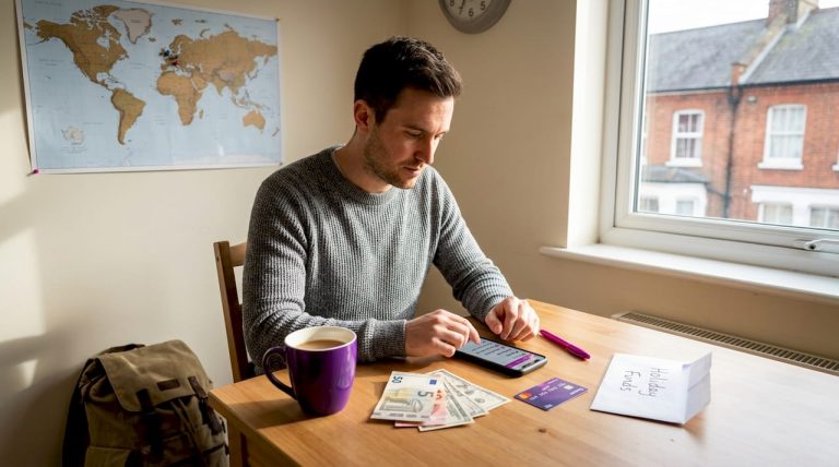 Man picking travel currencies at kitchen table