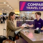 Traveller exchanging money at airport counter