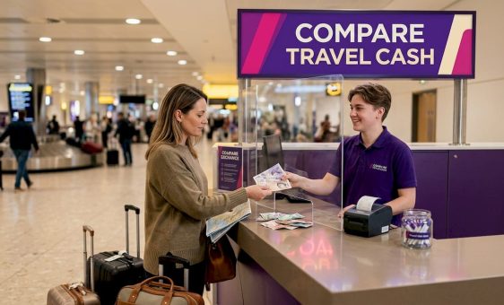 Traveller exchanging money at airport counter