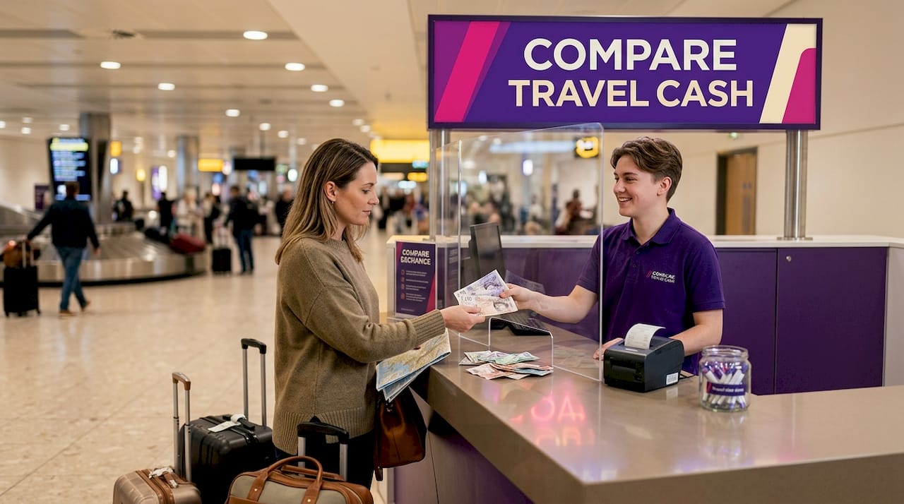 Traveller exchanging money at airport counter