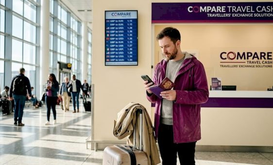 Traveler checking exchange rates at airport desk