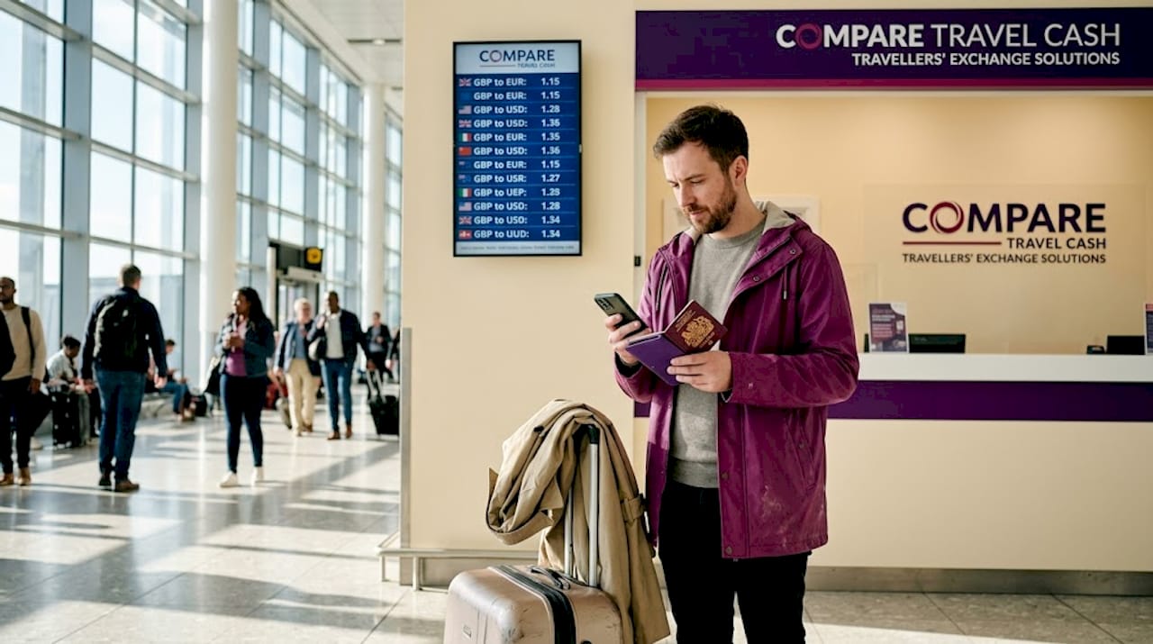 Traveler checking exchange rates at airport desk
