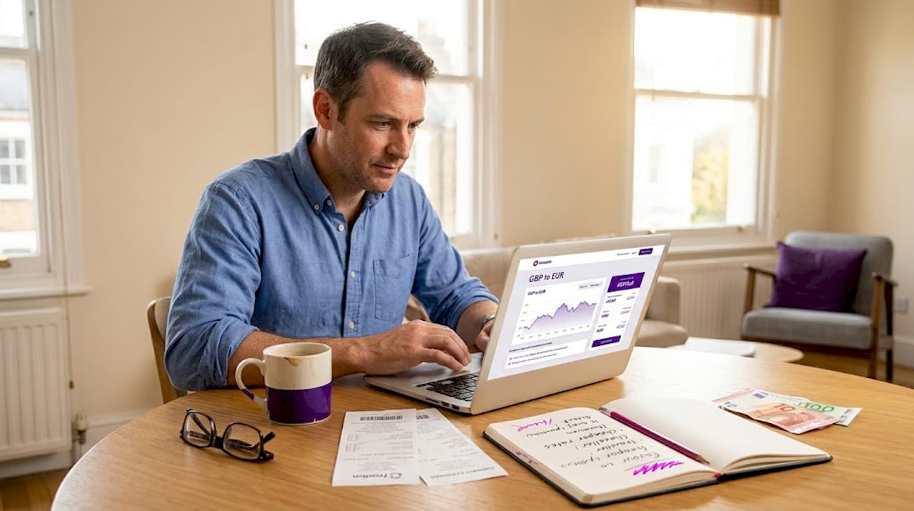 Person comparing currency exchange receipts