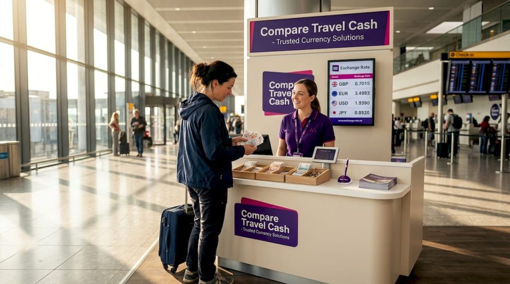 Traveller sorting cash at exchange kiosk