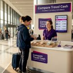 Traveller sorting cash at exchange kiosk