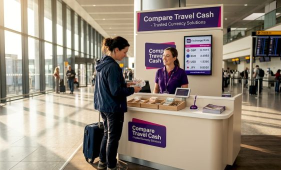 Traveller sorting cash at exchange kiosk