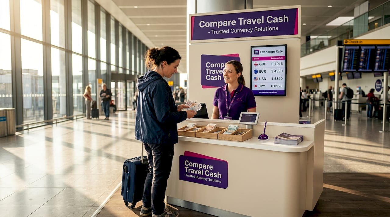 Traveller sorting cash at exchange kiosk