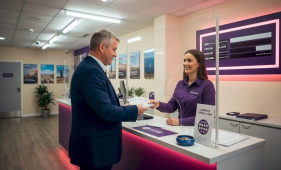 Man exchanging money at high street store