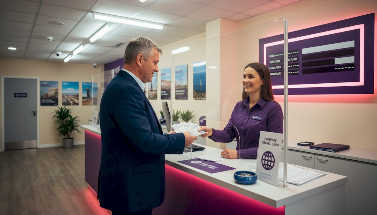 Man exchanging money at high street store