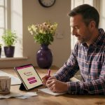Traveller comparing currency rates at home table