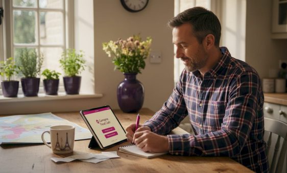 Traveller comparing currency rates at home table
