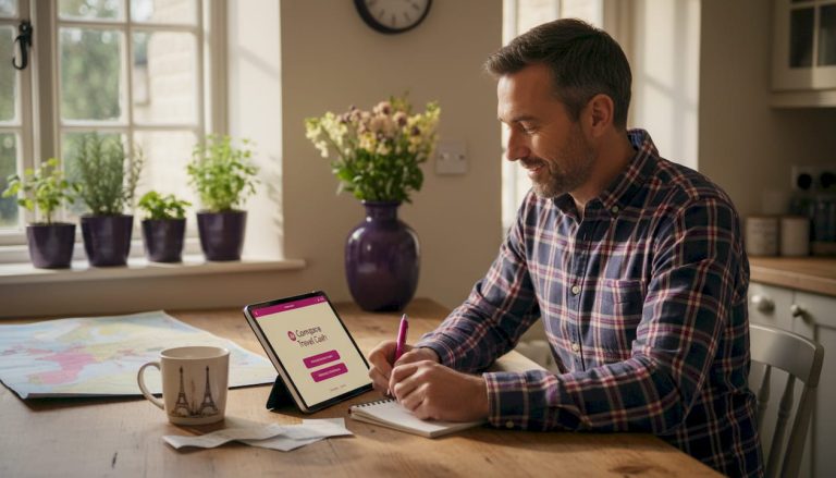 Traveller comparing currency rates at home table