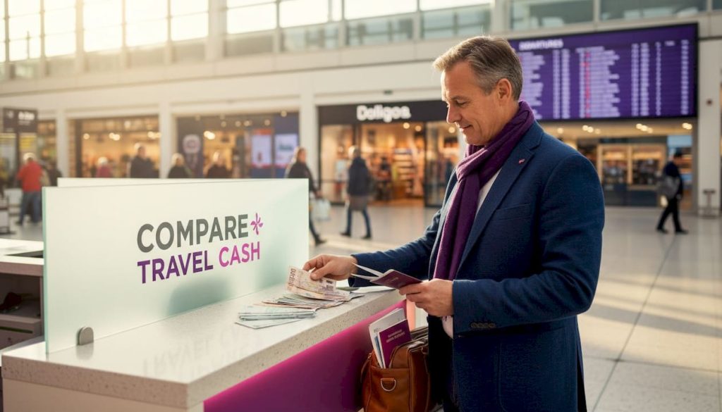 UK traveller exchanging currency at station desk