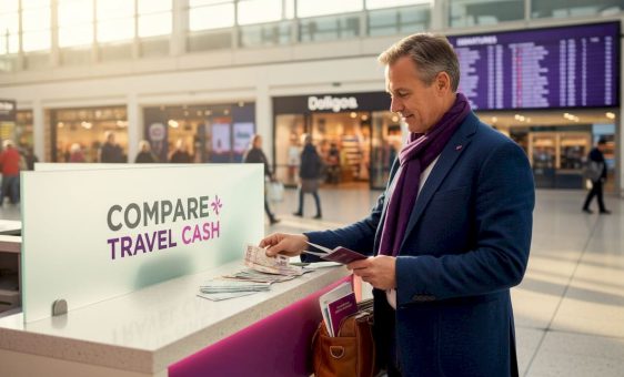 UK traveller exchanging currency at station desk