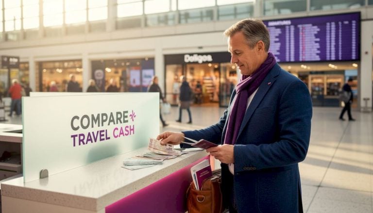 UK traveller exchanging currency at station desk