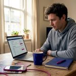 Man checking exchange rates at kitchen table