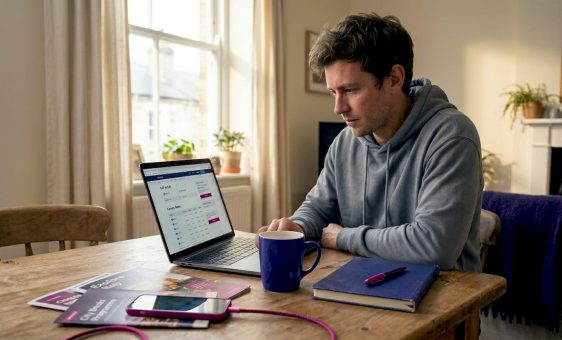 Man checking exchange rates at kitchen table