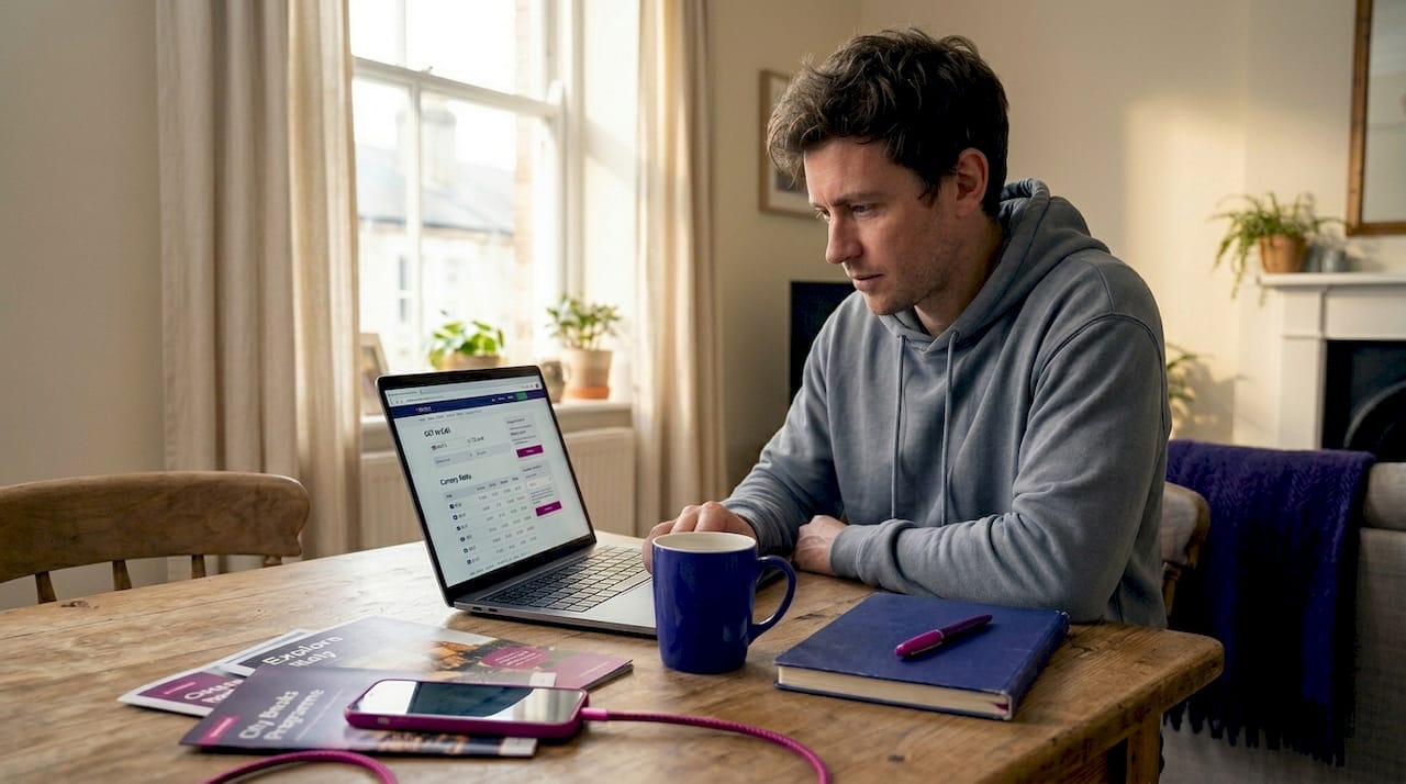 Man checking exchange rates at kitchen table