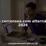 Man comparing travel money apps at home kitchen table