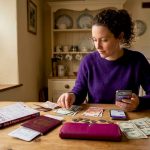 UK traveller sorts money at small kitchen table