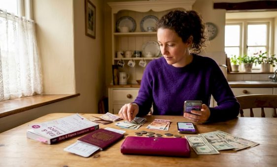 UK traveller sorts money at small kitchen table