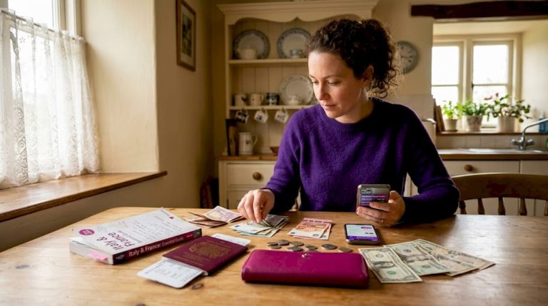 UK traveller sorts money at small kitchen table