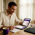 Man compares currency rates at kitchen table