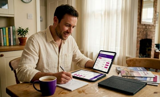Man compares currency rates at kitchen table