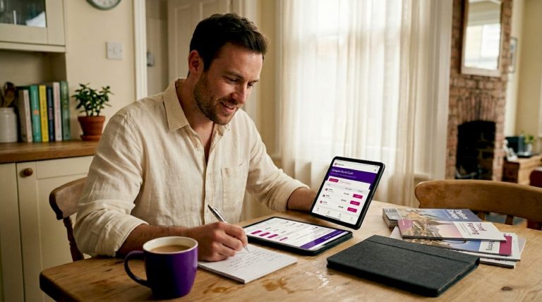 Man compares currency rates at kitchen table